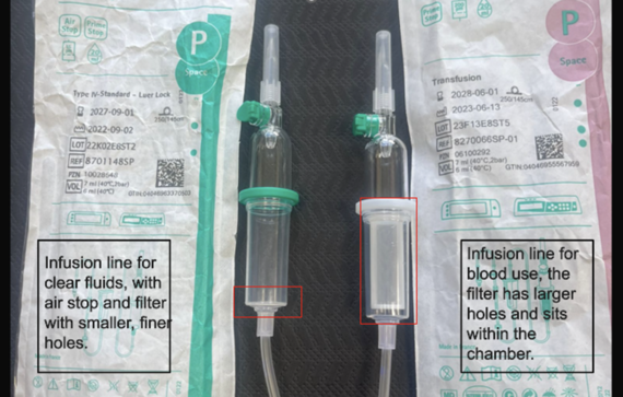 Image of clear fluid infusion line (left) and infusion line for use with blood (right):